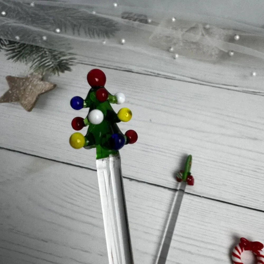 Pier 1 Glass Cocktail Swizzle Sticks Christmas Tree Presents‎ Wreath Surfboard